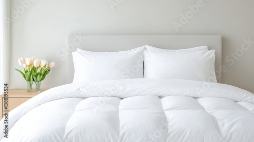 A fluffy white comforter covers a bed with two pillows. A bouquet of tulips sits on a nearby side table. The image is well-lit, high-resolution, and features a minimalist aesthetic. The scene is cal