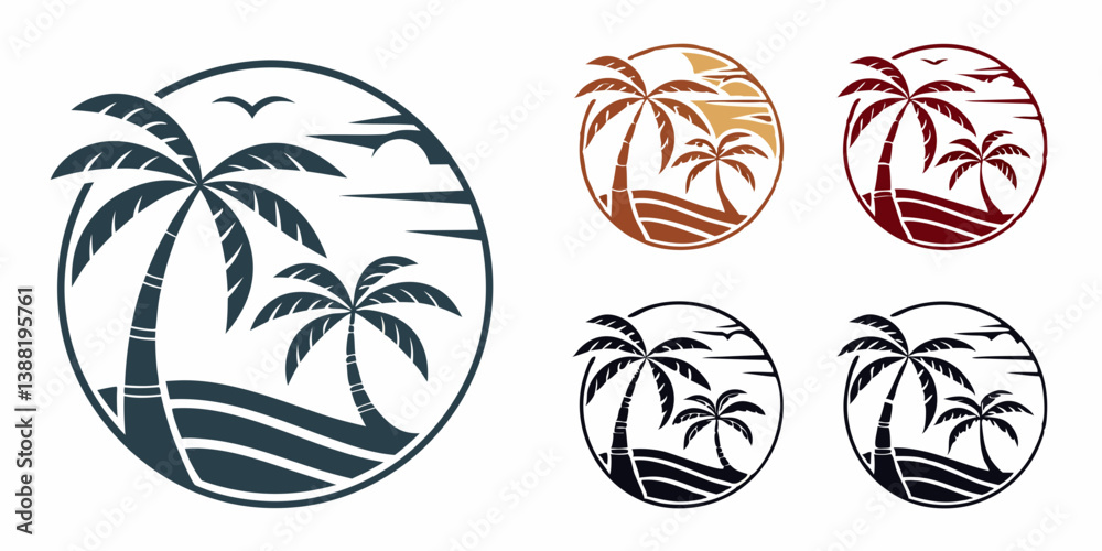 Tropical Palm Trees Beach Circle Logo Icon Summer Vacation Silhouette Vector Design Tropical Palm Trees Beach Circle Logo Icon Summer Vacation Silhouette Vector Design