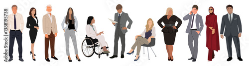 The diverse group of business people, entrepreneurs, or office workers isolated on white background. Multinational and multiracial business team. Flat cartoon vector realistic illustration.