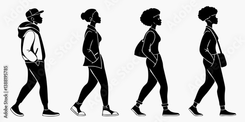Black and White Vector Silhouettes of People Walking Side View