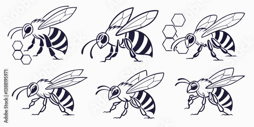 Cartoon Honeybees Vector Drawings with Honeycomb Black and White