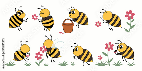 Cute Cartoon Bees Flowers Garden Vector Art Kids Illustration