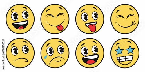 Cartoon Emoji Faces Vector Set with Happy Sad Winking and Star Eyes Expressions
