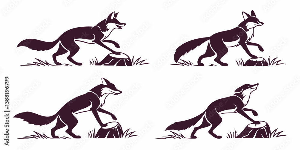 Graphic Fox Illustrations on Tree Stump - Animal Vector Art Set Graphic Fox Illustrations on Tree Stump - Animal Vector Art Set