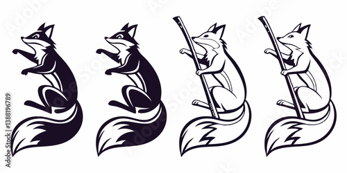 Black and Outline Fox Vector Illustrations holding sticks and plain Animal Wildlife Nature Art Design Graphic Image Clipart Drawing Style Creative Vector Art