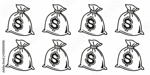Eight Cartoon Money Bags: Black and White Dollar Sign Line Art Wealth