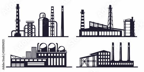 Vector Illustration Black and White Industrial Factory Buildings Silhouettes Set Simple Minimal Flat Style Icons Clipart Stock Image