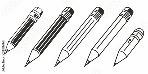 Black and White Line Art Illustration of Five Pencils Drawing Sketching Stationery School Supplies Graphic Vector Design Elements Clip Art Images