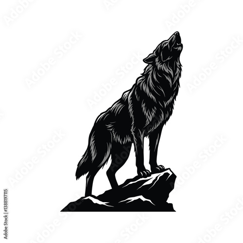Howling Wolf Silhouette Vector - Majestic Animal Illustration, Black and White
