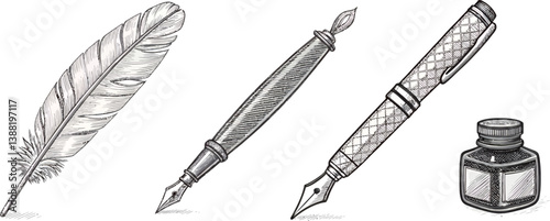 Artistic representation of writing tools: a quill, fountain pen, and ink bottle.