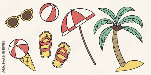 Summer Beach Holiday Cartoon Illustration Beach Essentials - Ball Umbrella Sunglasses Flip-flops Ice Cream Palm Tree