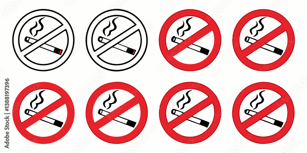 No Smoking Sign Symbols - Red and Outline Circular Icons of Cigarette with Smoke - Warning and Prohibition for Public and Private Spaces - Health and Safety Regulations No Smoking Sign Symbols - Red and Outline Circular Icons of Cigarette with Smoke - Warning and Prohibition for Public and Private Spaces - Health and Safety Regulations