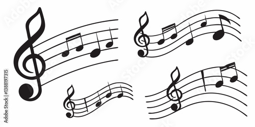 Black and White Music Notes Treble Clef Staff Vector Graphic Illustration