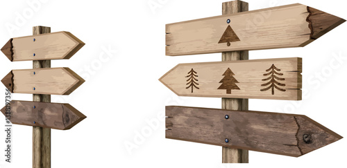 Handcrafted wooden directional signs for nature trails and outdoor adventures.
