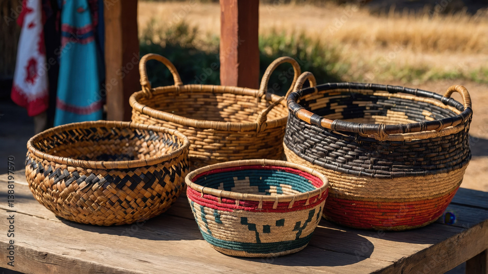 Handwoven baskets displayed on a rustic wooden table in an outdoor setting, showcasing craftsmanship and cultural heritage Handwoven baskets displayed on a rustic wooden table in an outdoor setting, showcasing craftsmanship and cultural heritage