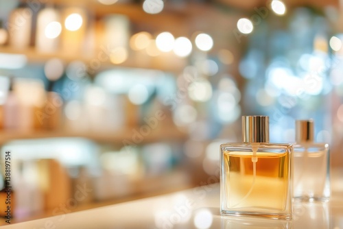 Elegant fragrance store ambiance with blurred background lights