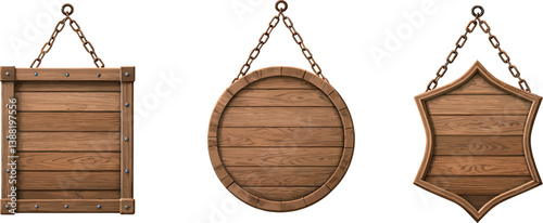 Three distinct wooden signs with chains for hanging.