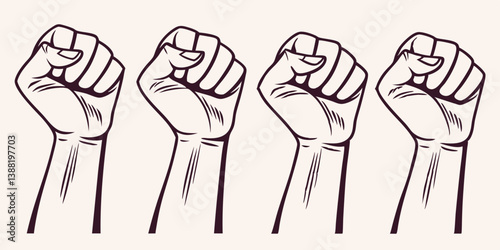 Four Raised Fists in Solidarity Black and White Line Drawing for Protest and Unity Illustration
