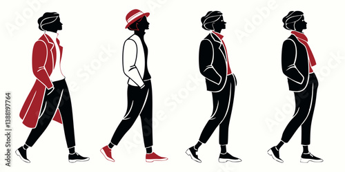 Minimalist Red & Black Fashion Silhouettes: Walking People Vector Illustration