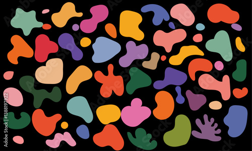 Set of liquid organic shapes, irregular form in vibrant colors. Colorful simple freeform, asymmetric blob. Random deformed abstract figures. Wavy spots or fluid amorphous splodges. Modern uneven blots