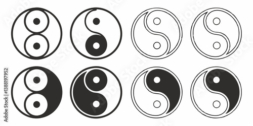 Black and White Yin Yang Taijitu Symbols Vector Illustration Set - Outline and Filled Styles with Dots - Taoist Spiritual Harmony Balance