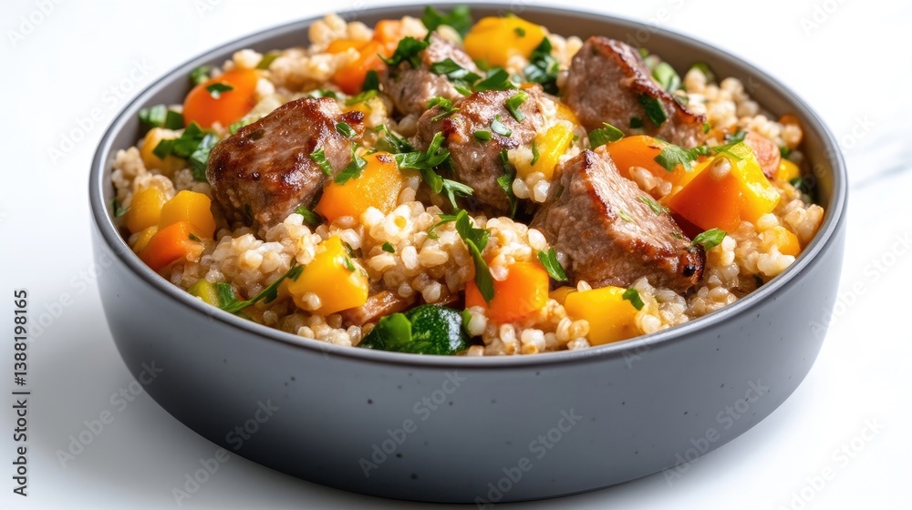 Hearty, colorful grain bowl with meat and vegetables Hearty, colorful grain bowl with meat and vegetables