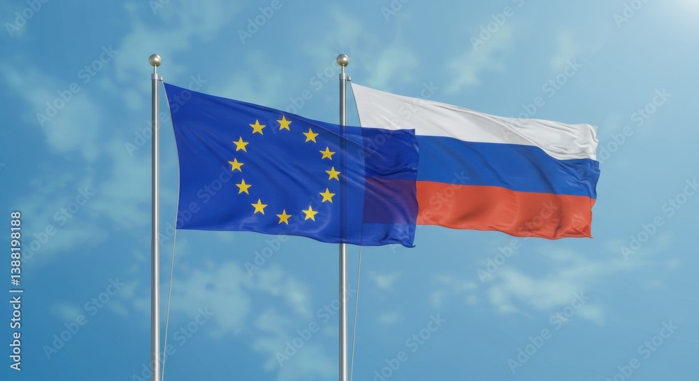 © VitMo - National Flags of the European Union and Russia Flying Side by Side Against a Clear Blue Sky © VitMo - National Flags of the European Union and Russia Flying Side by Side Against a Clear Blue Sky