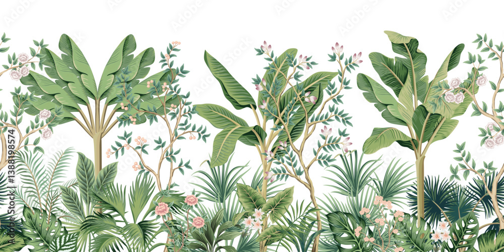 Fototapeta premium Tropical vintage botanical palm trees, banana tree, floral rose tree, green plants, flower, palm leaves seamless border white background. Exotic jungle wallpaper.