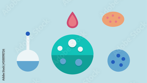 Microscopic Particles An illustration showing a closeup of tiny nanoparticles next to a droplet of face primer highlighting the small size and texture.