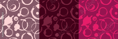 Wine stains pattern vector Illustration in red. Wine rings seamless background with spilled wine for fabric print design, winery label, vineyard banner, wineshop ad, bar poster