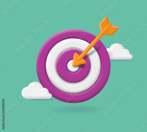 Dart arrow. Arrow on bullseye in target. Dartboard goal. Market opportunity concept. Business strategy aim focus 3d cartoon Vector illustration