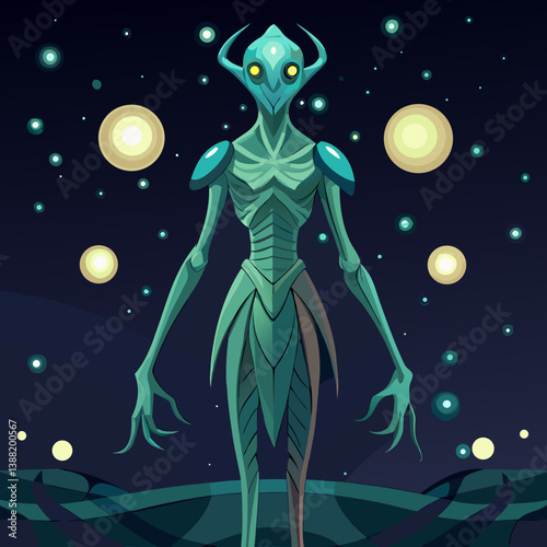 Alien figure in a spacesuit standing on the moon's surface, with Earth visible in the background, in a vector illustration style.