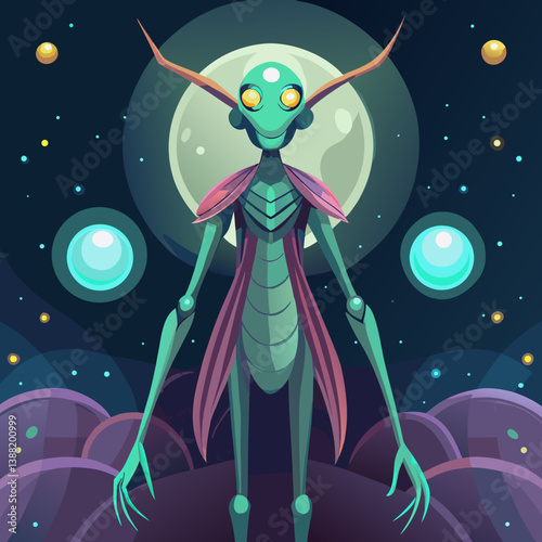 Alien figure in a spacesuit standing on the moon's surface, with Earth visible in the background, in a vector illustration style.