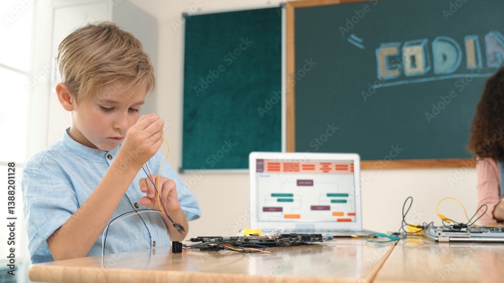 Girl standing while fixing electronic board by using screwdriver. American student and happy caucasian boy working together to inspect electric system. Curious children working on board. Pedagogy.