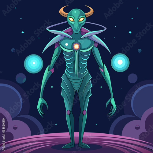 Alien figure in a spacesuit standing on the moon's surface, with Earth visible in the background, in a vector illustration style.