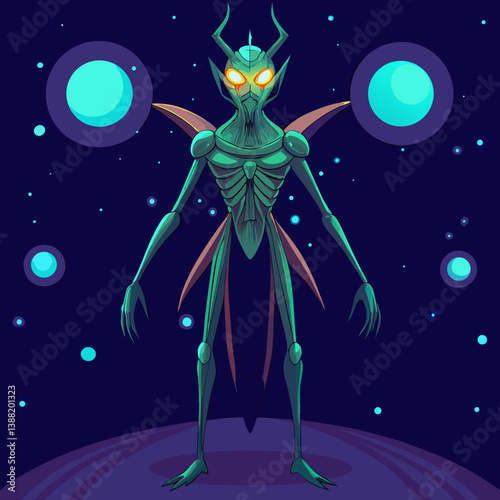 Alien figure in a spacesuit standing on the moon's surface, with Earth visible in the background, in a vector illustration style.