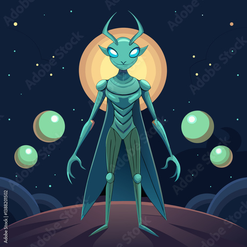 Alien figure in a spacesuit standing on the moon's surface, with Earth visible in the background, in a vector illustration style.