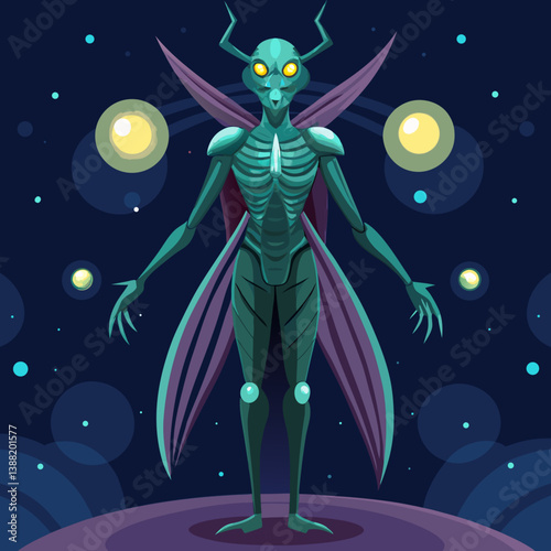 Alien figure in a spacesuit standing on the moon's surface, with Earth visible in the background, in a vector illustration style.
