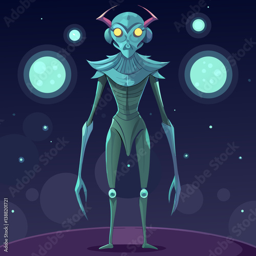 Alien figure in a spacesuit standing on the moon's surface, with Earth visible in the background, in a vector illustration style.