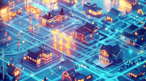 A digital visualization of a smart energy grid connected to urban homes and industries, optimizing power distribution seamlessly.