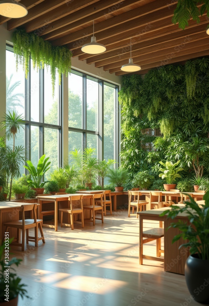 Fototapeta premium sustainable classroom design lush greenery eco friendly resources educational environment natural elements, nature, plants, workspace, lighting, wood, water