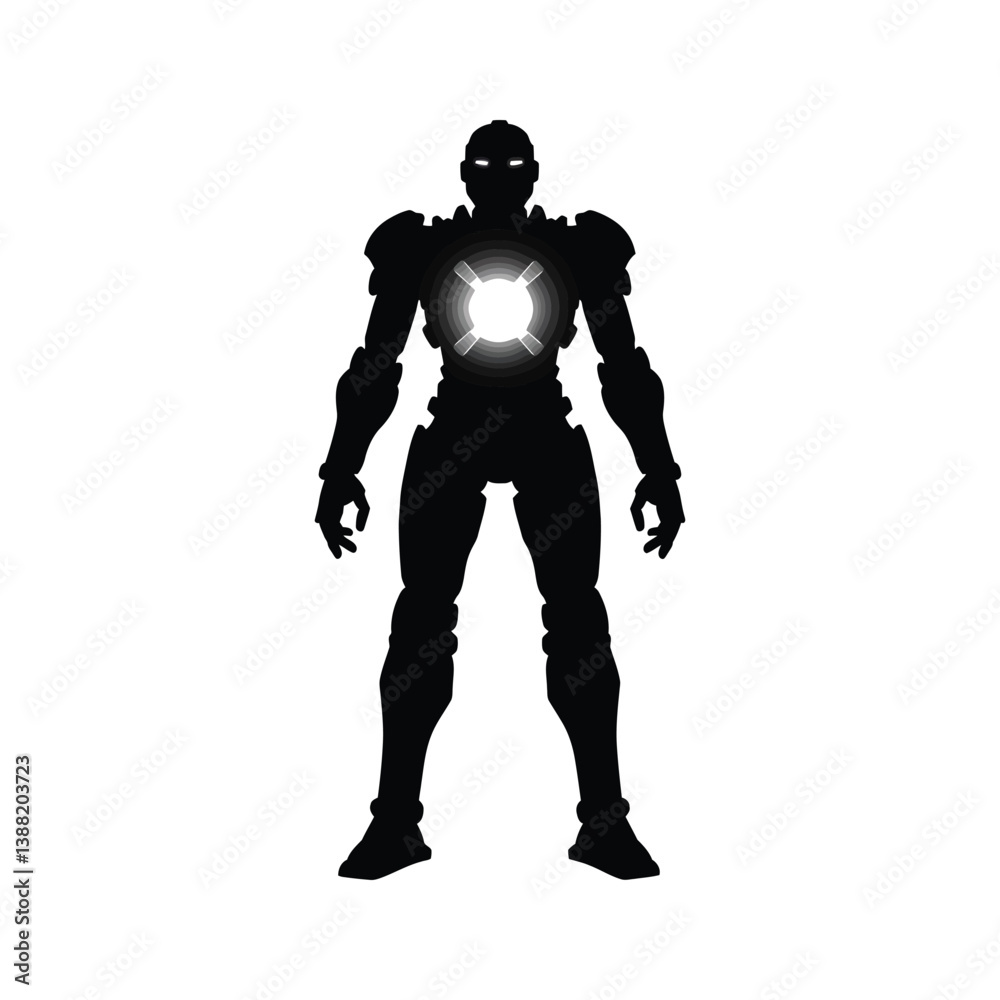Iron Man Silhouette Vector - Hero Illustration, Glowing Arc Reactor Iron Man Silhouette Vector - Hero Illustration, Glowing Arc Reactor