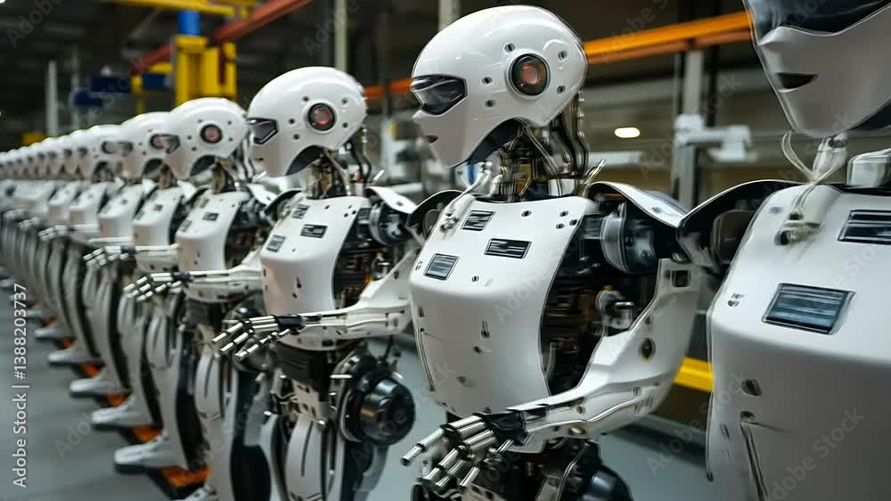 Line of humanoid robots in a factory setting, showcasing advanced technology and automation Line of humanoid robots in a factory setting, showcasing advanced technology and automation