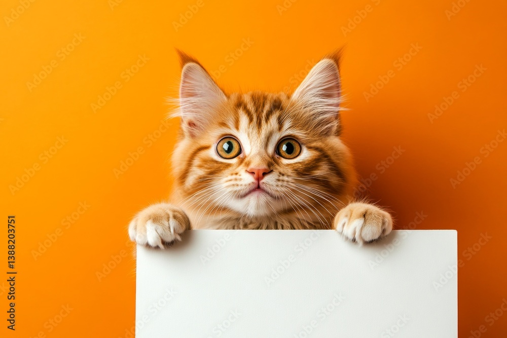 Naklejka premium Сute cat siberian hold in front paws a prototype - large white avenue sign. Poster cat concept. Poster mockup with pet. Isolated feline infant on a solid outfit bright orange background.