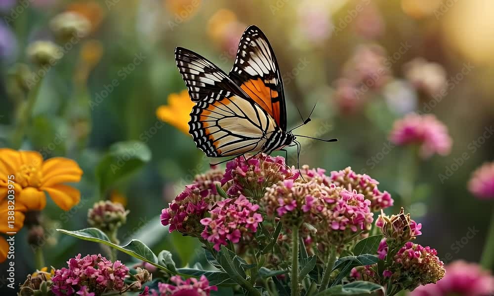 A butterfly perched on vibrant flowers in a colorful garden setting. A butterfly perched on vibrant flowers in a colorful garden setting.