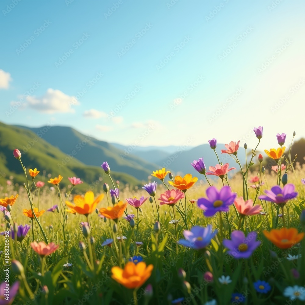 Obraz premium vibrant wildflowers brightly blooming untouched meadow under clear blue sky nature landscape, spring, color, petal, grass, floral, field, flora, blossom