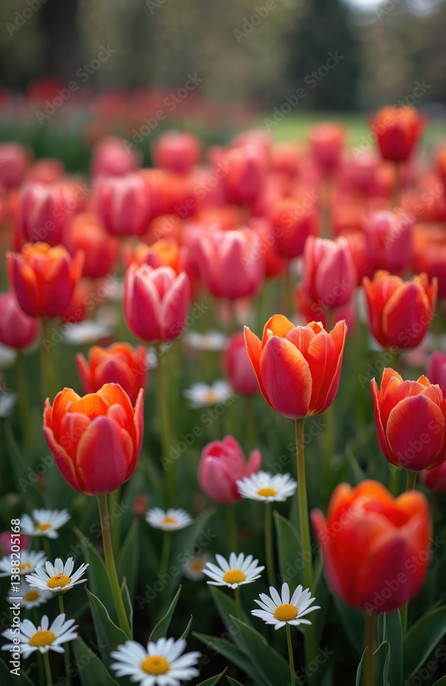 Obraz premium Vibrant display blooming red, orange tulips with white daisies in garden. Fresh spring flowers bloom with soft petals at sunlight. Natural floral scenery with various blossoms. Ideal for spring,