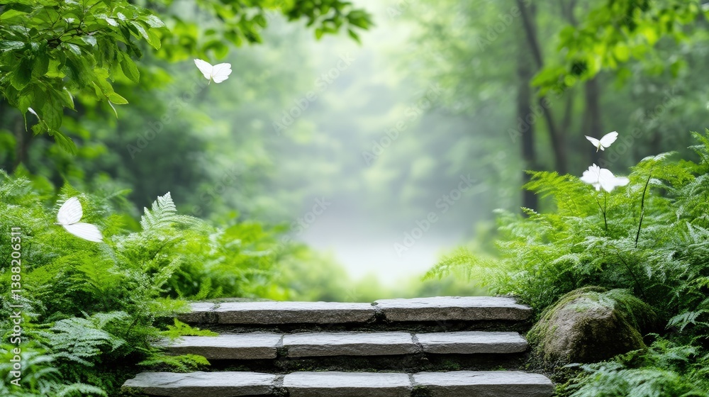 Misty forest pathway with steps. Lush greenery surrounds a stone stairway leading into a soft, misty woodland. White butterflies flutter through the air, adding to the serene ambiance Misty forest pathway with steps. Lush greenery surrounds a stone stairway leading into a soft, misty woodland. White butterflies flutter through the air, adding to the serene ambiance