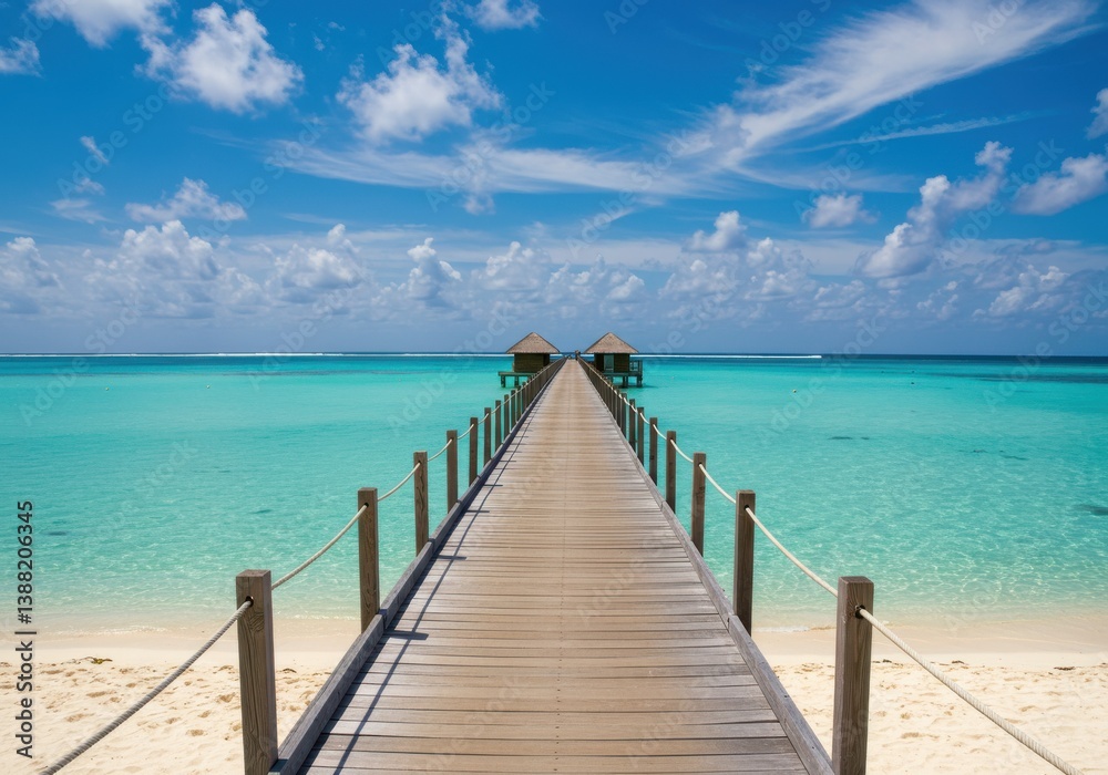 A serene wooden pier stretches into a turquoise ocean, leading to two idyllic overwater bungalows A serene wooden pier stretches into a turquoise ocean, leading to two idyllic overwater bungalows