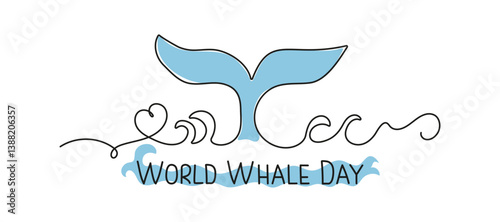 World Whale Day. Hand lettering, text. Line art, cartoon whale, waves. Marine animal, water world. Poster, banner. Flat design illustration. World aquatic animals day.